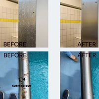 surfsaviour chemical-free stainless steel cleaning before and after pictures of a steel panel and a steel rail