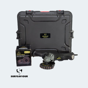 SurfSaviour Pro+ Brushless Angle Grinder 125m 110V Kit. Includes 5 Pack SurfSaviour Revive Discs. Packed in IP67 Protective Case.